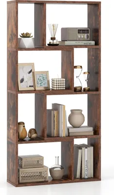 Image de COSTWAY 60x20x120 cm Bibliothèque à 4 niveaux & 8 compartiments, étagère sur pied, étagère cubique, étagère, étagère de bureau, étagère de rangement pour le bureau Marron