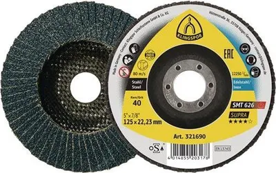Immagine prodotto di Disco lamellare KLINGSPOR SMT 626 Supra Ø 125 mm grana 60 6° conico INOX corindone zirconio - 321695