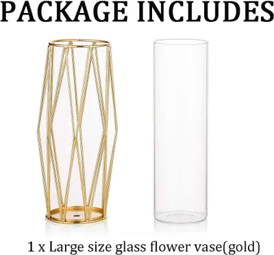 Produktbild von Vase für Pampasgras, hohe Bodenvase aus Glas mit geometrischem Metallständer, Knospenblumentopf (Grob)