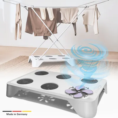 A product image showing a clothes drying rack with clothes on it, and a close-up of a device with fans, suggesting it's a dryer accessory. There are graphic elements indicating airflow.