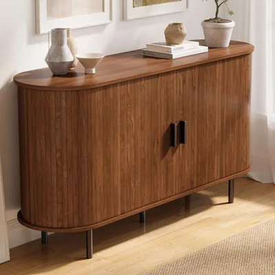 Produktbild von Sideboard Wohnzimmerschrank Kommode mit Schiebetüren & Stauraum, Lamellenoptik, Nussbaum 140 cm