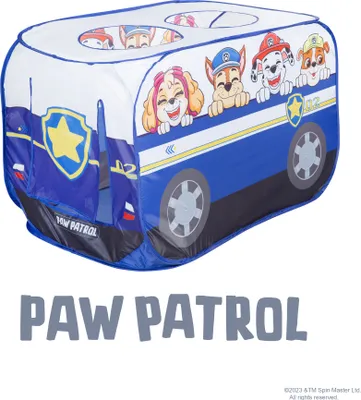A Paw Patrol themed pop-up play tent shaped like a vehicle, with cartoon characters visible.