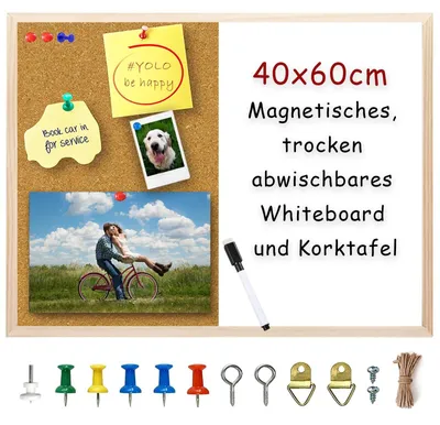 Productafbeelding van Kurkenschreibtafel, magnetisch whiteboard, droogverwijderbaar prikbord, 40 x 60 cm, visionbord, memobord, 1 stuk