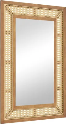 Immagine prodotto di Specchio da parete 90 x 60 cm, specchio rettangolare con cornice protettiva in legno e immagine nitida, raffinata decorazione in rattan, installazione semplicissima, naturale