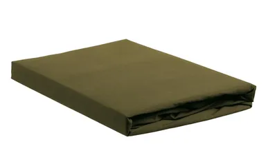 A folded olive green fitted sheet on a white background.