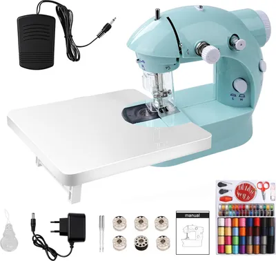 A mini sewing machine and its accessories are displayed on a white background.
