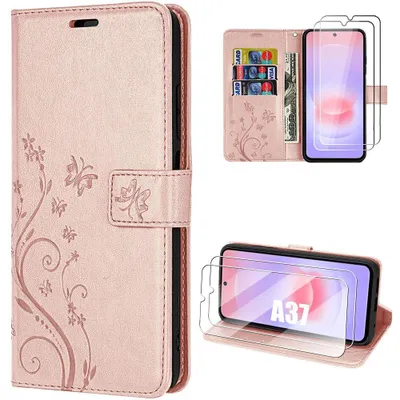 Image de Coque + 2 Verres Trempés pour Samsung Galaxy A37 5G, Anti-Rayures Effet Cuir Rose Motif Plante Papillon