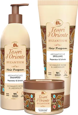 Produktbild von TESORI D'ORIENTE aromatisches Hair Programm Byzantium Shampoo Spülung Haarmaske