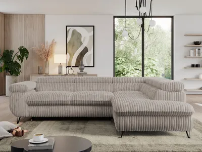 Produktbild von Ecksofa mit Bettkasten, Einstellbare Kopfstützen, Schlaffunktion, Eckcouch L-form - PEDRO L - Cord - Grau - Rechts