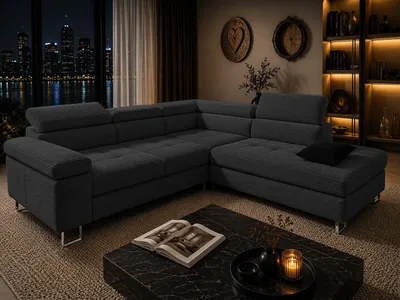 Produktbild von Goldstoff Voyage Cord-Ecksofa mit Schlaffunktion Schwarz L-Form Eckcouch mit Bettkasten Liegefläche 195 x 125 cm verstellbare Kopfstützen