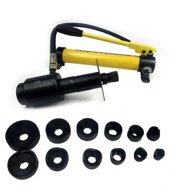 Obrázok produktu pre Hydraulický dierovač plechu – sada na vytváranie otvorov s priemerom 22–60 mm – tlak 10 ton – 6 vŕtacích nástavcov – manuálna ručná pumpa – kompaktný a prenosný