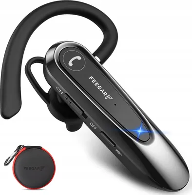 A black wireless earbud with a charging case.