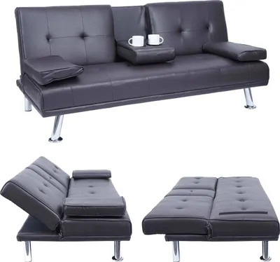 Produktbild von 3er-Sofa HWC-F60, Couch Schlafsofa Gästebett, Tassenhalter verstellbar 97x166cm Kunstleder, braun