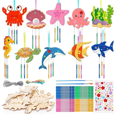 Productafbeelding van DIY Houten Windchimes Set met Zeedieren, knutselset voor kinderen, set van 10