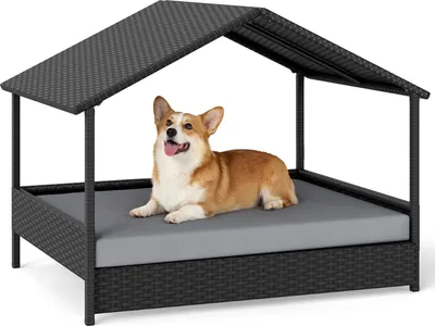 Image de COSTWAY Lit pour chien d'extérieur, lit surélevé en rotin avec coussin amovible et protection contre les intempéries, résistant aux intempéries, pour chiens jusqu'à 60 kg, 98 x 69 x 74 cm, gris