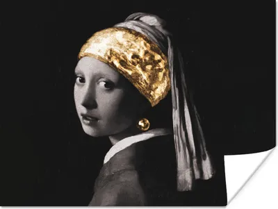 Produktbild von MuchoWow® Poster Mädchen mit Perlenohrring - Vermeer - Schwarz - Weiß - Gold 160x120 cm - Foto Plakat