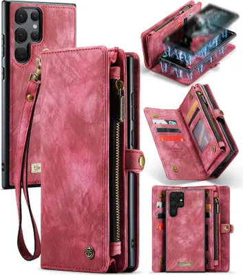 Produktbild von Schutzhülle für Samsung Galaxy S22 Ultra 5G, Vintage Multifunktions Lederhülle, Kartenfächer, Reißverschluss Hülle Rot