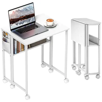 Zdjęcie produktu dla Stolik składany - Składany biurko na kółkach - Szerokość 63 cm - Metalowa rama - Półka - Torba do przechowywania - Biały