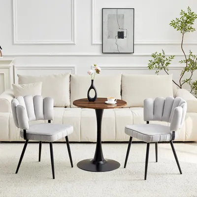 Image de Ensemble table et chaises, table ronde de 60 cm aspect noyer avec pied central noir + 2 chaises de salle à manger gris clair