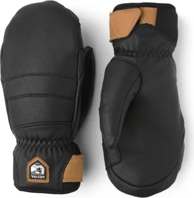 A pair of black ski mittens with brown leather accents.