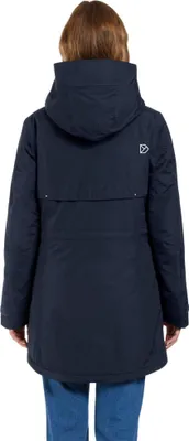 A woman wearing a dark blue parka jacket, seen from the back.