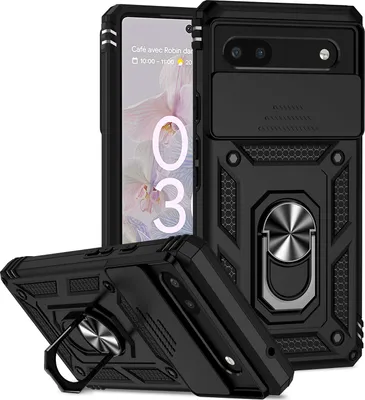 Image de Étui pour Google Pixel 6A étui double couche avec couvercle coulissant pour appareil photo et support annulaire noir