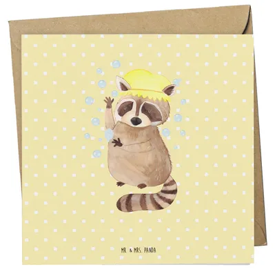 Produktbild von Mr. & Mrs. Panda Grußkarte Waschbär - Gelb Pastell - Geschenk, Waschen, faltkarte, Plan, Seifenblasen, anlasskarte, Tagträumen, Fröhlich, Glückwunschkarte, Klappkarte