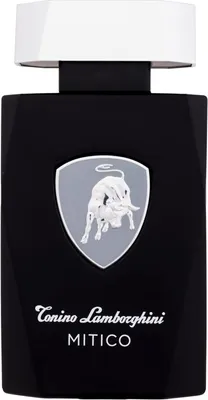 A black bottle of Tonino Lamborghini Mitico cologne with a white cap and a silver shield logo featuring a bull.