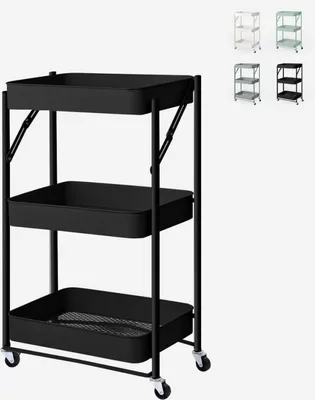 A black three-tier rolling cart is shown against a white background. Several other carts in different colors are displayed in the upper right corner.