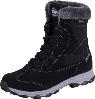 A single black winter boot with gray fur trim and a gray sole, shown from a slightly angled front view against a white background.