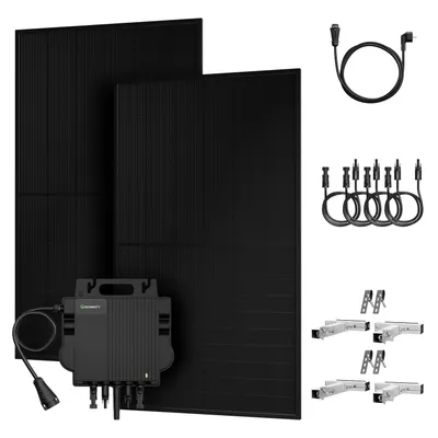 Produktbild von Powerness Balkonkraftwerk 2x 500W Bifazial Glas-Glas Solarmodul mit Growatt NEO-800M-X 800W Mikrowechselrichter & 2x Balkon Halterungen Silber 0% VAT