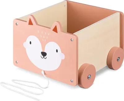 Produktbild von Holzspielzeugkiste auf Rädern mit Fuchs-Motiv – Große Aufbewahrungsbox für Spielzeug mit Zugschnur – Hellbraun – 255 x 24 x 20 cm