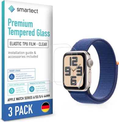 Produktbild von smartect TPU Schutzfolie Klar für Apple Watch Series 6 / SE / 5 / 4 44mm, 3 x Front