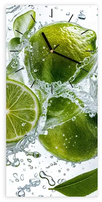 Produktbild von Wanduhr aus Glas mit Motiv Spritzige Limetten- 30 x 60 cm - inkl. Aufhängesystem