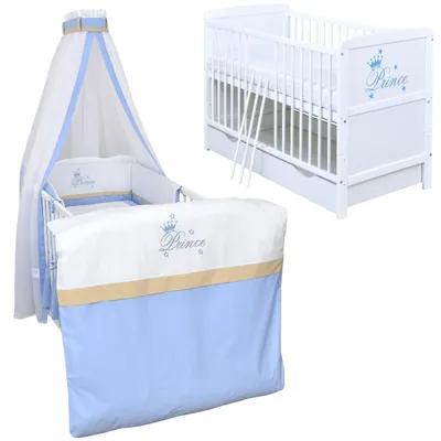 Produktbild von Baby-Delux Babybett Kinderbett Gitterbett Natalie Prince 140×70 inkl. Beißschienen Schublade mit 10-tlg Bettwäsche Set Prince