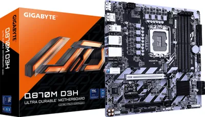 Produktbild von GIGABYTE Q870M D3H Mainboard – Intel Core Ultra (Serie 2) CPUs, 4+1+2-Phasen-VRM, bis zu 6400 MHz DDR5 (O.C), 2× PCIe-4.0-M.2, 2.5-GbE-LAN, USB 3.2 Gen 2, Intel, LGA 1851 (Socket V1), Intel Core Ultra (Series 2), LGA 1851, DDR5-SDRAM, 256 GB