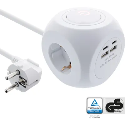 Produktbild von InLine® Charging Cube, 3x Schutzkontakt, 2x USB-C, 2x USB-A, weiß, 2m