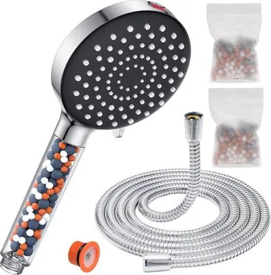Produktbild von Famanu Handbrause mit Schlauch, 1,8 m, wassersparend mit Filter, 7 Strahlarten, schwarz/chrom