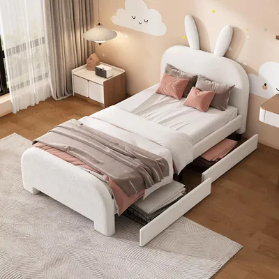 Obrázek produktu pro okwish Dětská postel s plochou 90×200 cm, s roštem a dvěma šuplíky, čalouněná postel pro chlapce a dívky, funkční jednolůžko s hlavovou opěrkou ve tvaru králíka, bílá (bez matrace)