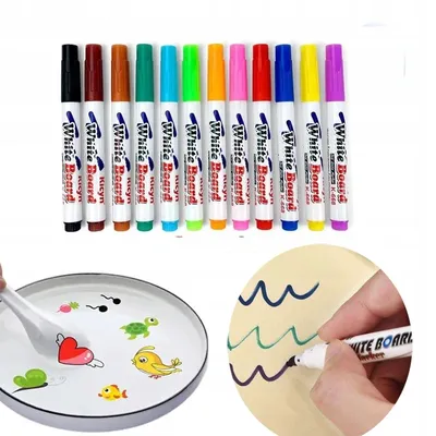 A collage of images showing a set of 12 dry-erase markers, a plate with drawings made by markers, and a hand drawing on a surface with a marker.
