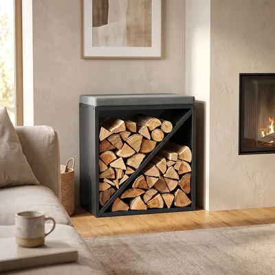 Produktbild von Peviasot Kaminholzregal mit gepolsterter Sitzfläche, schmaler Brennholzständer aus schwarzem Metall für Innen, 60 × 36 × 59 cm