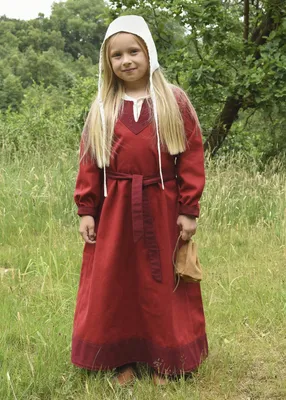 Produktbild von Kinder Wikingerkleid mit Gürtel Solveig, rot/weinrot aus Baumwolle Mittelalterkleid für Mädchen Mittelalter LARP Wikinge Größe: 110