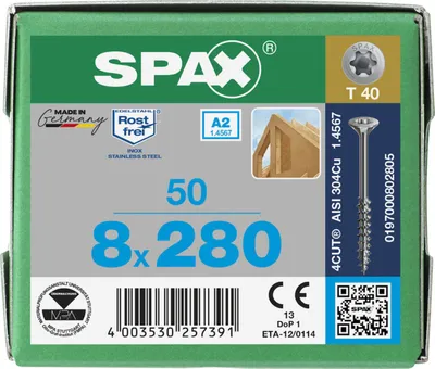 Produktbild von SPAX Edelstahlschraube, 8 x 280 mm, 50 Stück, Teilgewinde, Senkkopf, T-STAR plus T40, 4CUT - 0197000802805