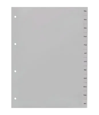 Produktbild von europrotokoll Ordnerregister Dez.-Jan., neutral, ohne Deckblatt, 12-teilig, DIN A4, Register aus PP, strapazierfähige Trennblätter für Ordner, grau