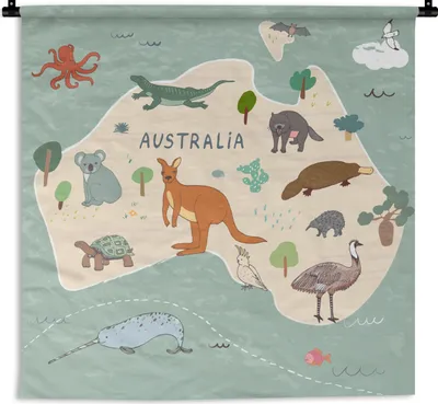 Produktbild von MuchoWow® Wandteppich Wandbehang Weltkarte Kinder - Tiere - Australien - Jungen - Blau - Kinder 150x150 cm Tapisserie Dekoration Wandtuch - Wohnaccessoires - Modernes