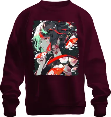 Produktbild von Anime Mädchen im Kimono Koi Karpfen Japanische Kunst Illustration Uni Sweatshirt Pullover, Burgundy, L