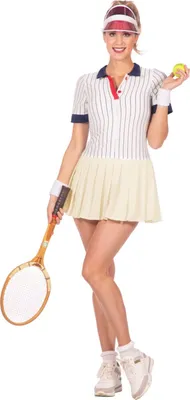 A woman in a retro tennis outfit holding a tennis racket and ball.