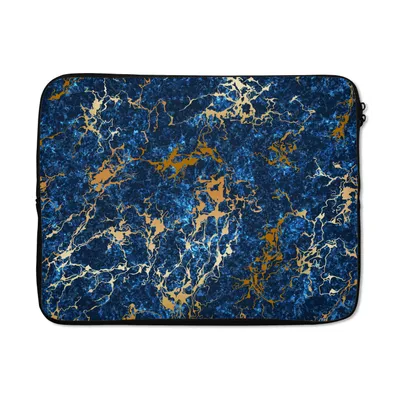 Produktbild von MuchoWow® Laptop Hülle 17 Zoll Laptoptasche Marmor - Textur - Gold - Blau - Zipper - Schutzabdeckung