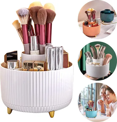 Produktbild von Kosmetik Make Up Organizer,360°Drehbarer Pinsel Organizer,Tragbare Kosmetikbox,Multifunktionale Aufbewahrung,Aufbewahrung Kosmetik für Zimmer Decor Schlafzimmer Bad Frisiertisch,Weiß