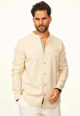 Produktbild von behype. Herren Langarmhemd aus Leinen im Regular-Fit mit Stehkragen Herren Leinenhemd Sommerhemd als Freizeithemd